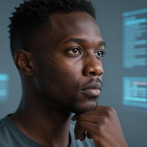 Photograph of a contemplative black man with short curly hair, dark skin, and a trimmed beard, resting his chin on his hand, against a