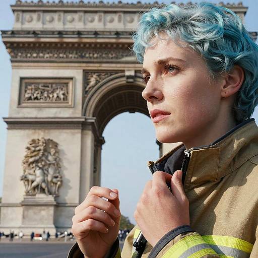 Photograph of a young person with blue hair, wearing a yellow and black firefighter jacket, standing in front of the Arc de Triomphe in Paris