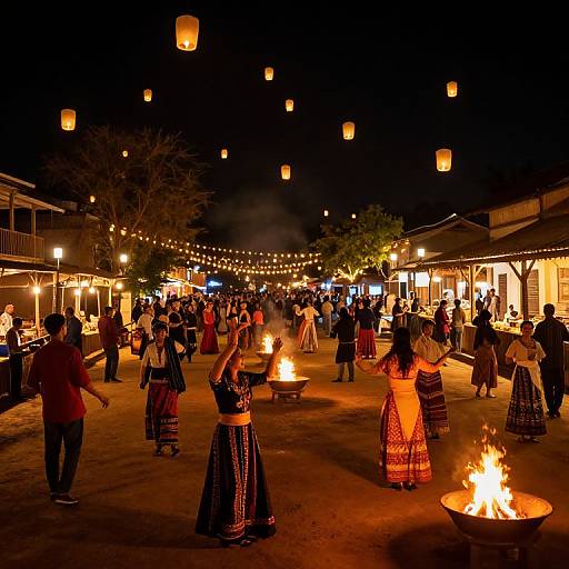Nighttime cultural festival photograph: crowd in traditional Hispanic attire, women in colorful skirts, men in shirts, releasing paper lanterns, surrounded by lit fires
