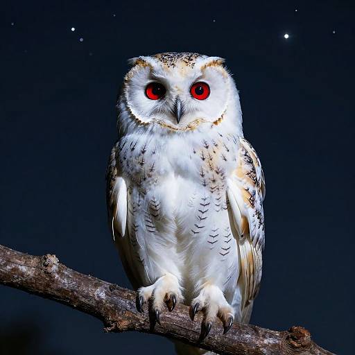 Photograph of a striking barn owl with vivid red eyes, white and brown feathers, perched on a branch against a dark, starry night sky