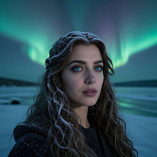 Photograph of a young woman with long, wavy brown hair dusted with snow, blue eyes, and a serious expression, standing against a backdrop