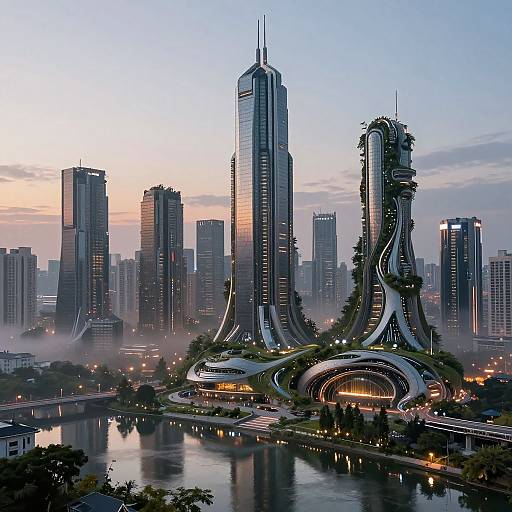 Hyper-Detailed Futuristic Cityscape at Dusk