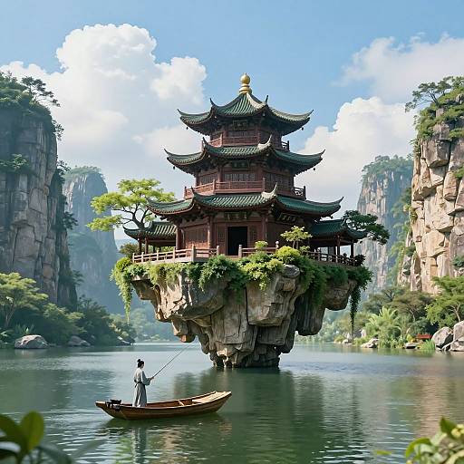 Digital illustration of a traditional Chinese pagoda on a rocky cliff over a serene lake, with a fisherman in a small boat.