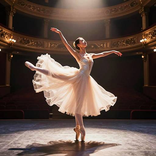 Photograph of a ballerina in a white tutu, en pointe, gracefully mid-leap on a dimly lit stage, spotlight illumin