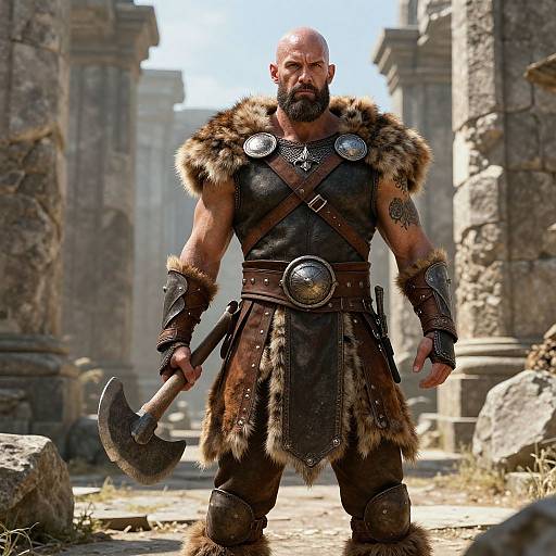 Photograph of a muscular, bald, bearded man in ancient warrior attire with fur and leather, holding an axe, standing in a ruined stone temple
