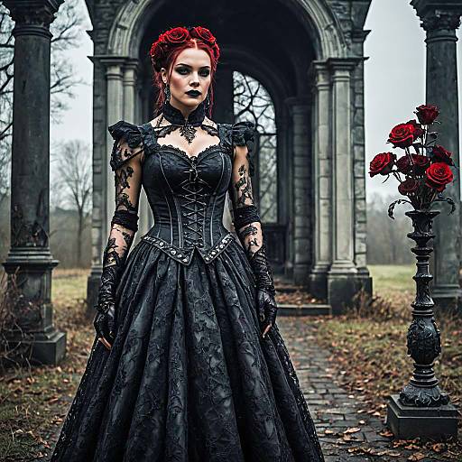 Gothic Victorian Woman in Black Lace Dress