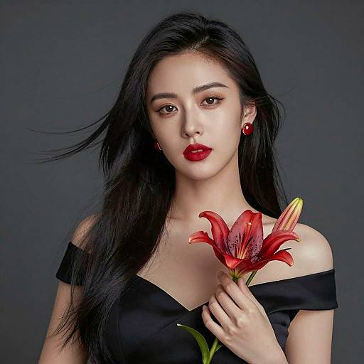 Elegant Woman with Red Lily in Darkness