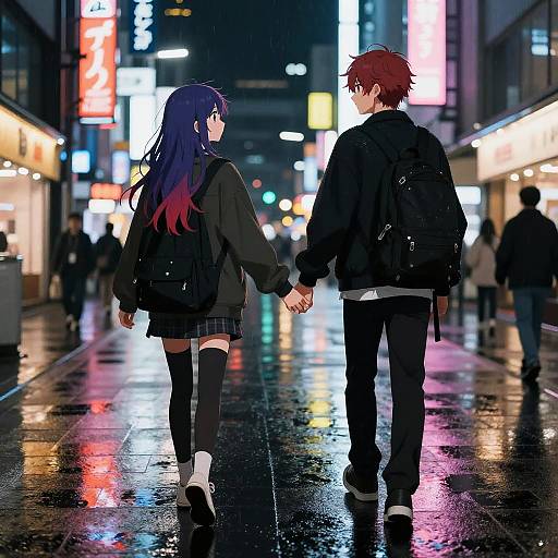 Anime-style digital drawing of a blue-haired girl and red-haired boy holding hands in a neon-lit, rainy city street at night.