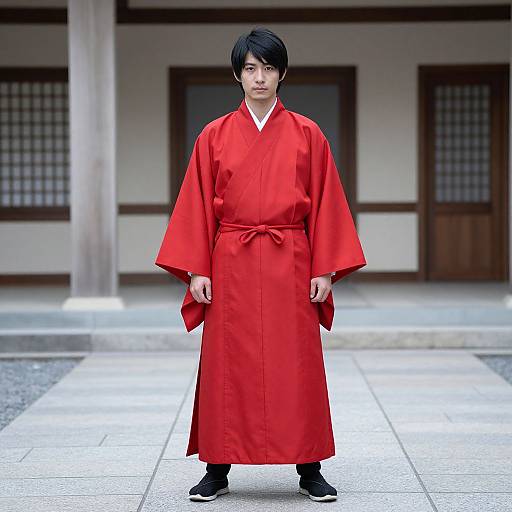 Photograph of a young East Asian man with black hair, wearing a bright red traditional kimono and black shoes, standing in a traditional Japanese courtyard with