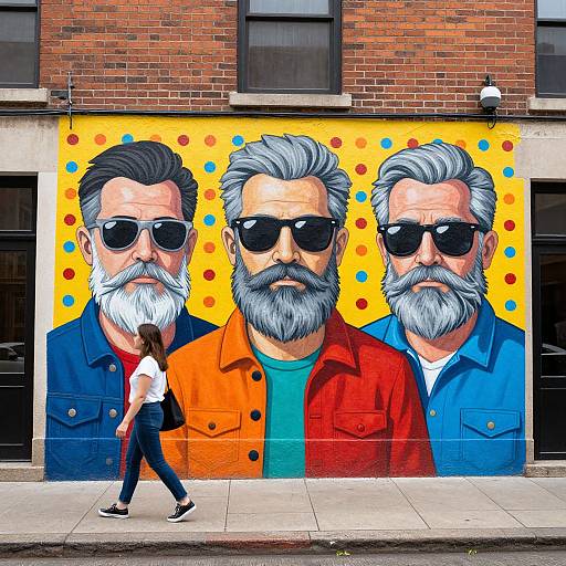 Colorful street mural of three bearded men in sunglasses, wearing red, orange, and blue shirts, against a yellow polka-dot background. A