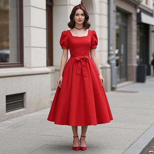 Photograph of a woman with fair skin, dark wavy hair, wearing a bright red puffed-sleeve dress, bow tie, red head