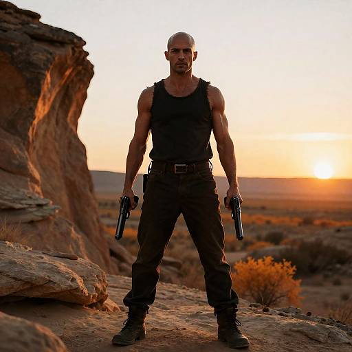 Muscular Man with Guns in Desert at Sunset