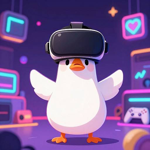 Digital illustration of a cute, white penguin wearing a black VR headset, standing in a neon-lit, futuristic gaming room.