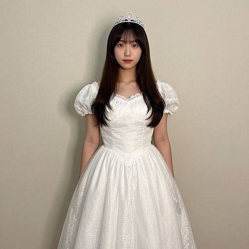 Photograph of an Asian woman with long black hair, wearing a white, short-sleeved, lace-embellished princess dress and a silver