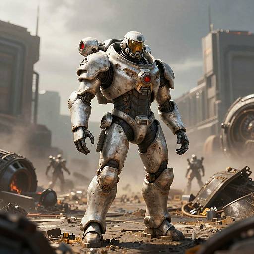 Digital CGI of a heavily armored, silver-colored robot with a helmet and red emblem, standing in a war-torn, debris-filled futuristic city.