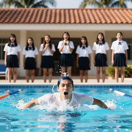 Male Swimmer with Cheering Classmates at Poolside