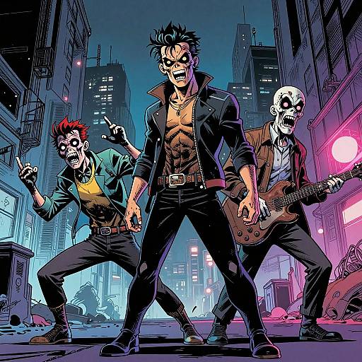 Digital comic art: Three muscular men with punk styles and skull masks, playing guitars in a neon-lit, dystopian urban alley at night.