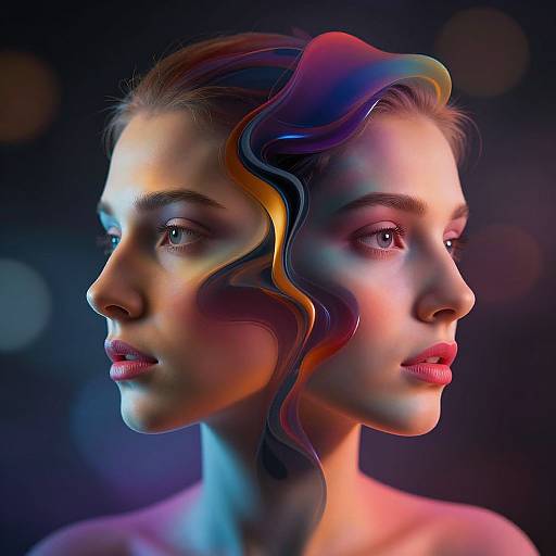 Digital artwork of a double-headed woman with flowing, multicolored hair, illuminated by vibrant blue, pink, and yellow lights. Dark blurred background.