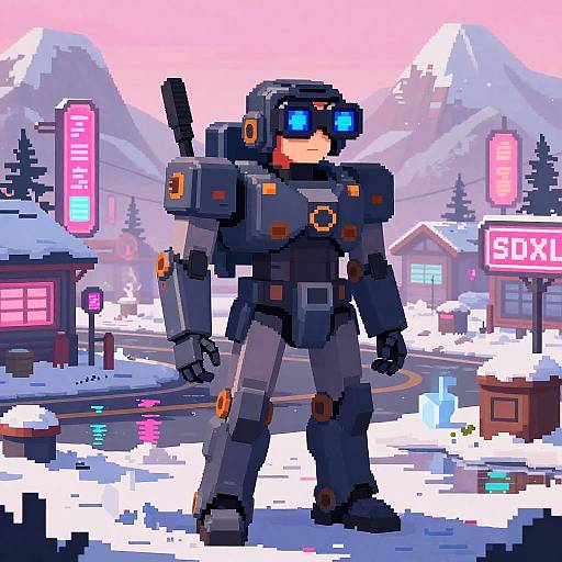 Pixel Anime Mech Aviator in Neon Snow