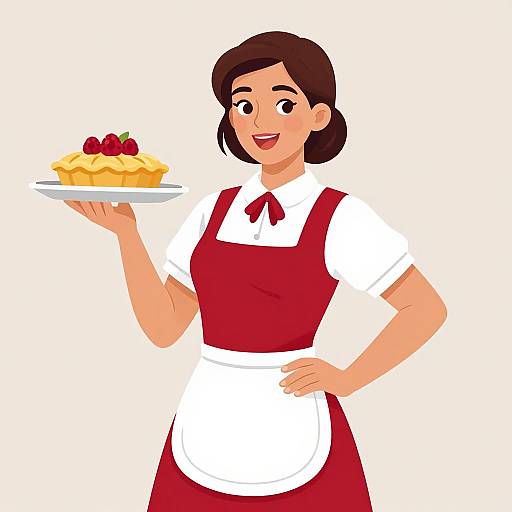 Digital illustration of a smiling, brown-haired woman in a red apron and white blouse, holding a plate with pancakes topped with cherries.