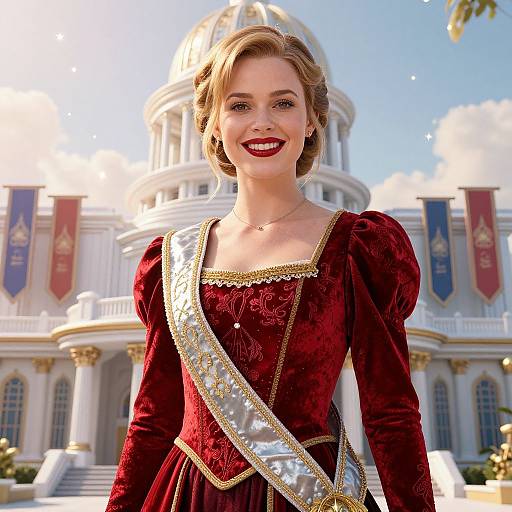 Photograph of a smiling young woman with blonde hair in a red velvet princess dress with gold trim and silver sash, standing in front of a grand