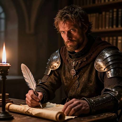 Medieval knight with messy brown hair and beard, wearing steel armor, writes with a quill and feather in dimly lit library. Candle illuminates