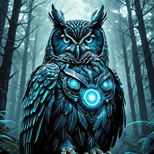 Cybernetic Owl Guardian in Enchanted Forest Cybernetic Owl Guardian in Enchanted Forest