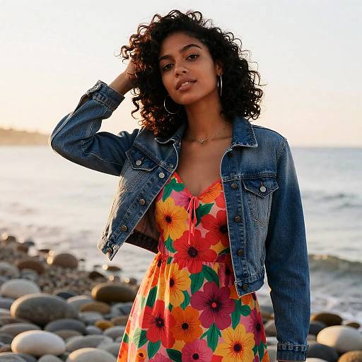 Young Woman in Floral Sundress and Denim Jacket at Beach
