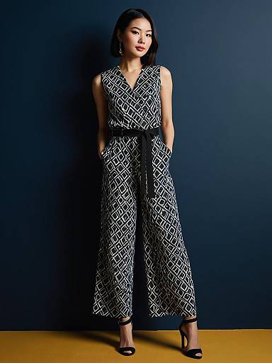 Asian woman in geometric print sleeveless jumpsuit