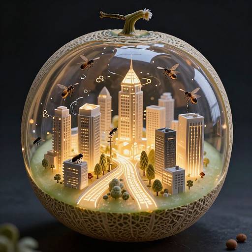 Photograph of a glowing, detailed Christmas ornament featuring a cityscape with illuminated skyscrapers, trees, and flying insects inside a clear, spherical glass