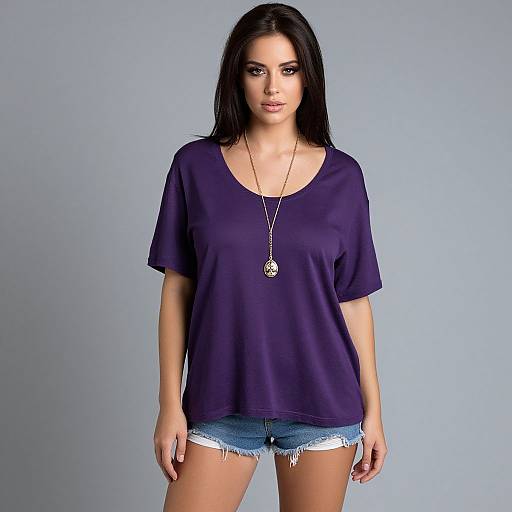 Photograph of a young woman with long black hair, wearing a loose purple t-shirt, denim shorts, and a long necklace, standing against a plain