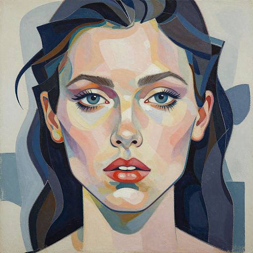 Digital portrait of a young woman with blue eyes, red lips, and dark hair in bold, colorful, cubist-style art.