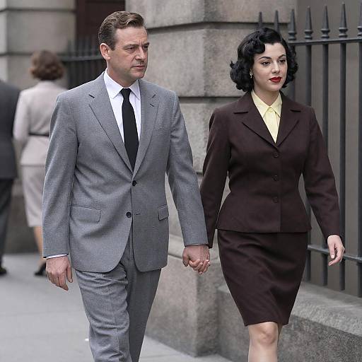1950s Couple Walking by Stone Wall