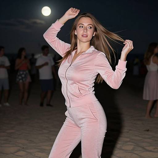 Photograph of a slender, light-skinned woman with long brown hair, wearing a pink velvet tracksuit, posing under a moonlit night sky,