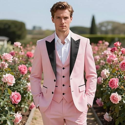 Man in Pink Three-Piece Suit in Rose Garden