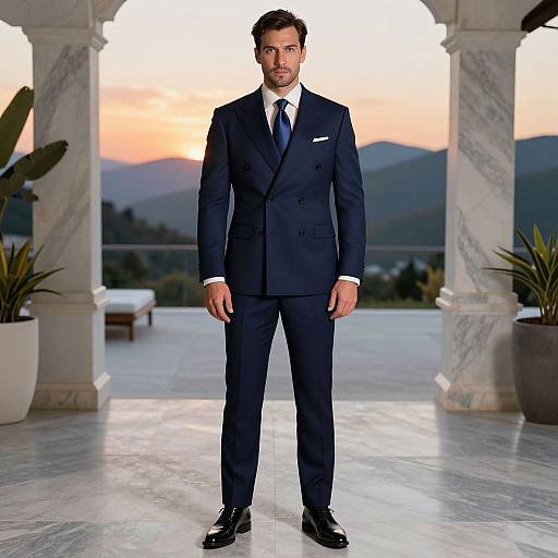 Photograph of a handsome man in a dark navy double-breasted suit, white shirt, and black tie, standing on a marble terrace with sunset mountains