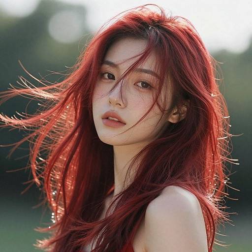 Photograph of a young Asian woman with long, flowing red hair, soft light illuminating her face, and a blurred green background. She has a