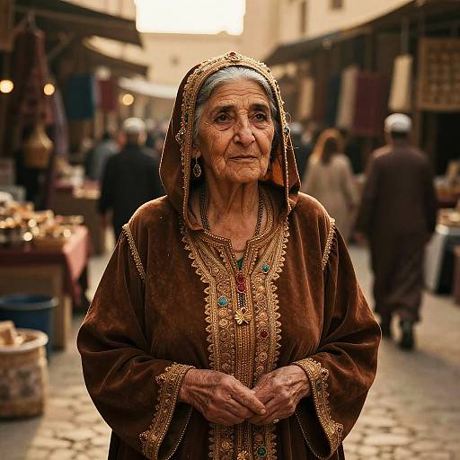 Photograph of an elderly Indian woman with wrinkled skin, wearing a brown embroidered traditional dress and headscarf, standing in a bustling, sunlit