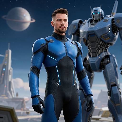 Photorealistic CGI of a muscular, bearded man in a blue and black futuristic suit standing in a sci-fi space landscape with a large robot and