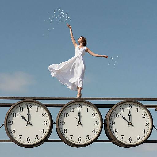 Photograph of a woman in a flowing white dress standing on a clock-shaped metal railing, arms outstretched, scattering water droplets against a clear