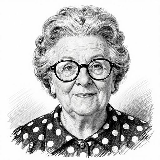 Black-and-white digital sketch of an elderly woman with curly hair, glasses, and a polka dot shirt, smiling gently.