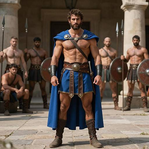 Muscular Warrior with Blue Cape and Armed Guards