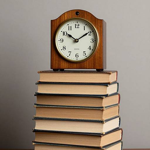 Photograph of a wooden clock with black hands and numbers, atop a tall stack of old, worn books against a gray background.