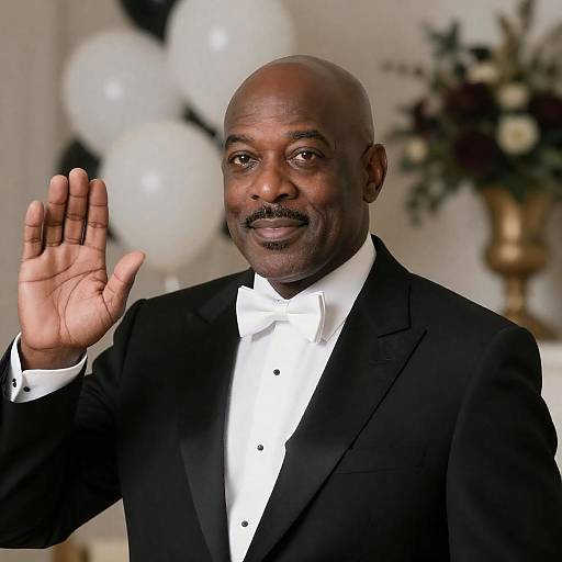Smiling Tuxedoed Middle-Aged Man Raising Hand