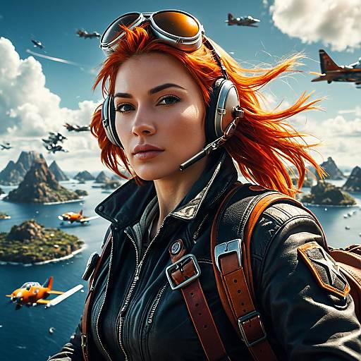 Aviator Woman with Orange Hair in Sky with Floating Islands