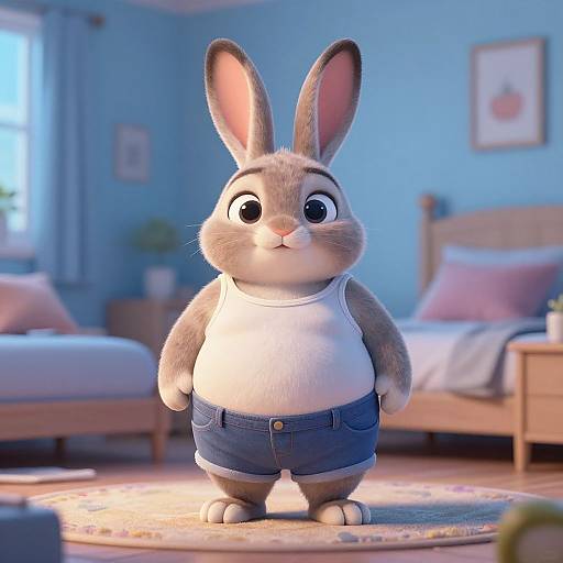 CGI image of a chubby, gray-furred anthropomorphic rabbit with large ears, wearing a white tank top and blue shorts, standing in a bright