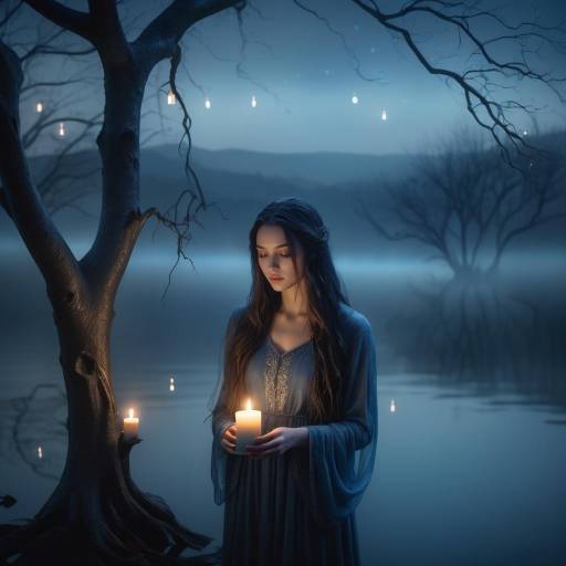 Young Woman Holding Candle by Misty Lake at Night