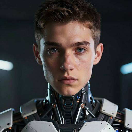 Photorealistic CGI of a young man with short brown hair, blue eyes, and a cybernetic neck and shoulder armor, staring intensely in a