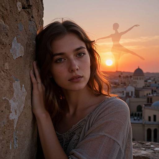 Photograph of a young woman with wavy brown hair, wearing a sheer gray top, leaning against a stone wall at sunset. Silhouette of a