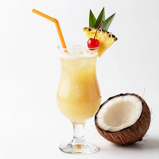 Photograph of a tropical cocktail with a pineapple wedge, cherry, and orange straw, beside a halved coconut, on white background.